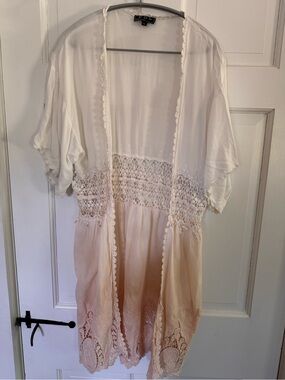 POL Cream to Light Pink Ombre Crochet Trim Open Cardigan